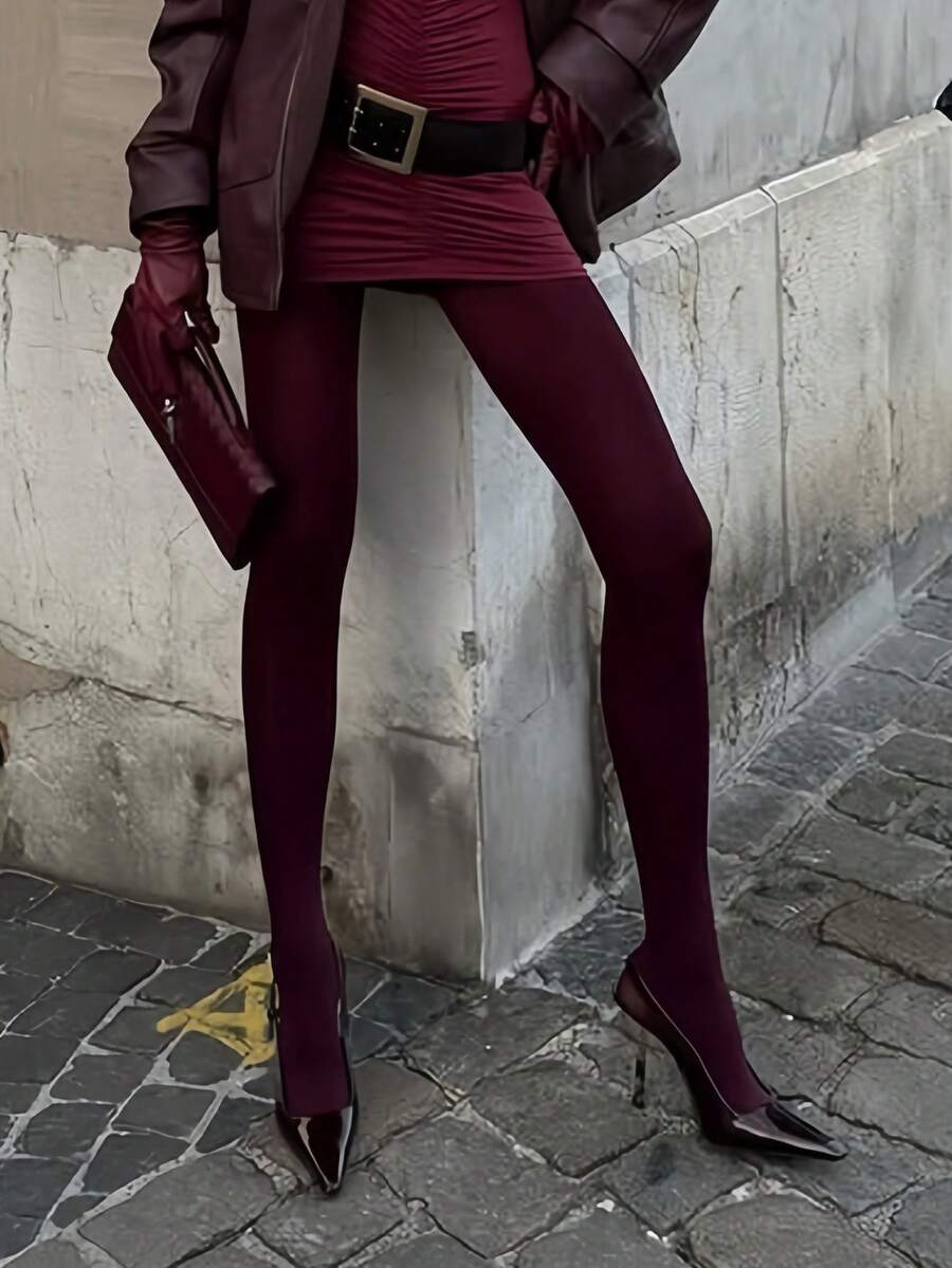 1双女士酒红色长筒袜，适合日常穿着，亦可作为圣诞礼物 - 酒紅色 - 查看 1