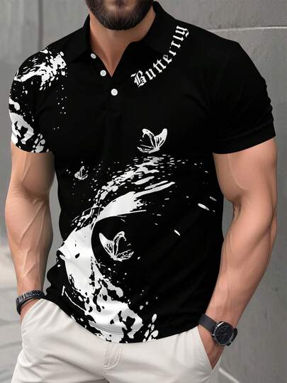 男士加大码撞色蝴蝶印花短袖Polo衫