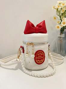 1 pièce Sac à main cylindrique de style princesse avec nœud papillon, design de niche incrusté de diamants et de perles françaises. Sangle d'épaule longue et lisse, confortable. Sac polyvalent de style coréen, convenant pour une utilisation extérieure et quotidienne, idéal comme cadeau pour la famille et les amis. - Sac seau doux - Voir 4