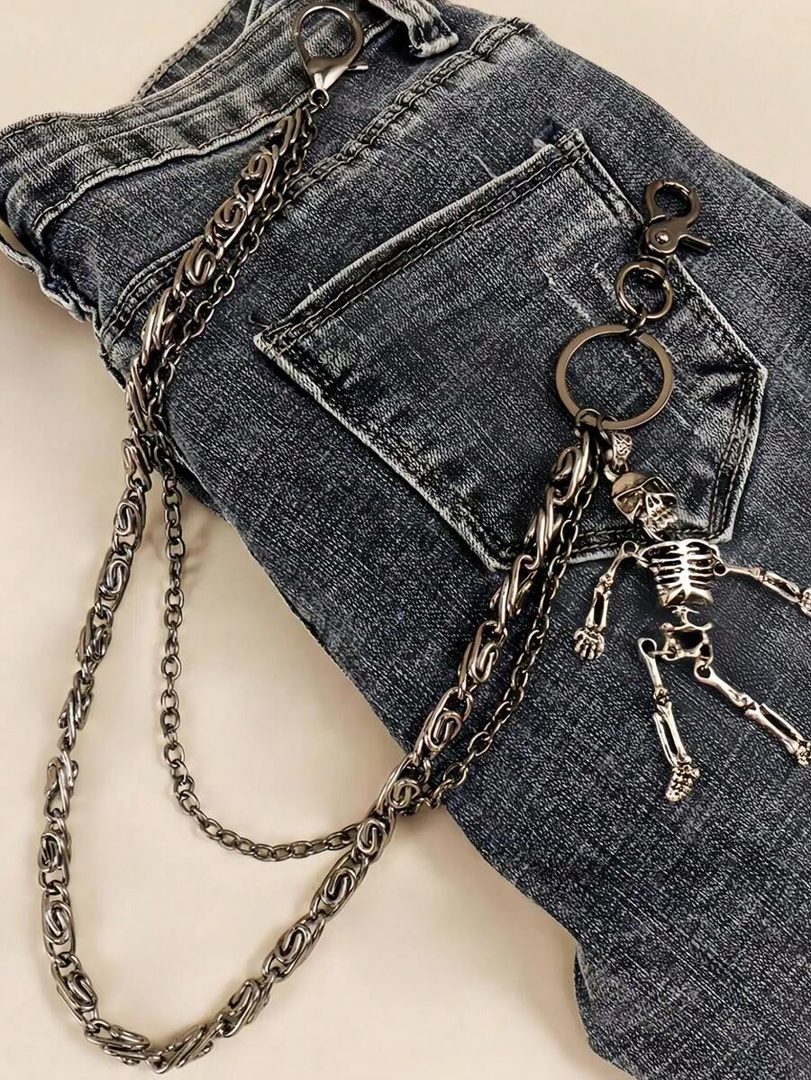 1 قطعة سلسلة بنطلون بتصميم جمجمة بنمط بانك روك للرجال، متعدد السلاسل، إكسسوار شارع هيب هوب حاد - الجمجمة السوداء - مشاهدة 1