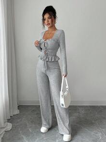 2pcs Winter Casual New Gray Brushed Ribbed, Sweet Ruffle Trim Front Tie, Pleated Ruffle Hem Long Sleeve T-Shirt + Elastic Waist Wide Leg Pants Set, Comfortable Casual Outfit