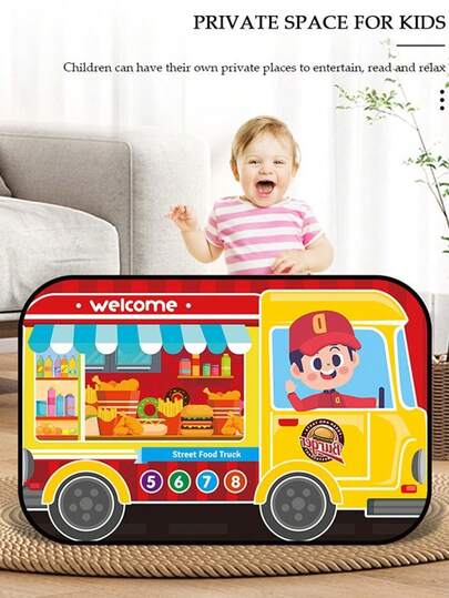 一套大型可折叠卡通餐车帐篷，配有玩具厨房配件，采用耐用牛津布制成，红黄相间的汉堡造型，带遮阳篷和门，适合室内外使用，是生日派对和节日礼物的理想之选。