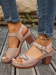 Women's Versatile Chunky Heel Sandals, Soft Sole, Open Toe, Fashion Casual Wear - Apricot - View 2