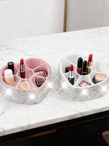 Luxury Sparkling Makeup Organizer Box, Heart-Shaped Crystal Decor Rhinestone Slanted Makeup Brush & Pencil Storage Bucket Holder, Elegant Vanity Dresser Storage Box For Cosmetics, Brushes, Lipsticks And More - Multicolor - View 5