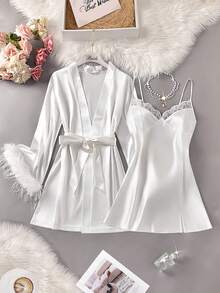 Bộ đồ ngủ hai mảnh bằng satin thoải mái mới, có dây đeo điều chỉnh được, đường viền ren, tay áo ren đính lông vũ, thắt lưng satin, áo choàng ngủ nữ gợi cảm màu trơn. - trắng - Xem 8