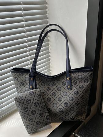 Modern vikbar liten geometrisk mönstrad tygväska, shoppingväska med miniplånbok, lämplig för flickor/kvinnor som shoppa, arbetspendling, semesterresor, tillbaka till skolan, bärbar och mångsidig axelväska i kontrastfärg