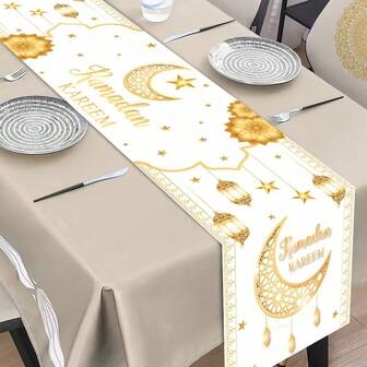 One Piece Set Of Ramadan Themed Table Runner, Elegant Ramadan Golden Lantern Design - Star Crescent And Lantern Pattern, Durable Polyester Rectangular Tablecloth, Suitable For Kitchen, Dining, Party And Home Decoration, Rural Festival Decoration, Various Sizes To Choose From, Ideal As A Gift.