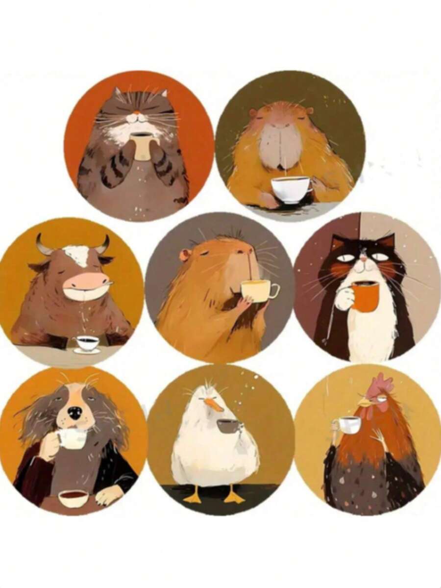 8件套木质杯垫，可爱动物造型，适用于客厅、厨房、餐厅、商业场所，可作礼品、新年装饰、派对用品、送给男女朋友的礼物，也适合情人节、婚礼、复活节等场合。 - 彩色 - 查看 1