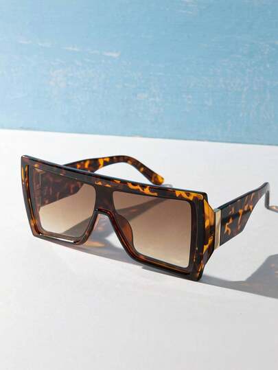 1 paire de lunettes carrées plates et larges pour femmes, en noir, imprimé léopard, avec des branches épaisses décorées de métal, style décontracté