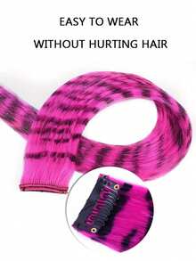 Synthetic Colored Hair Extensions, One-Piece Invisible Seamless Leopard Print Colored Ear-Hook Dyeing Long Straight Hair Highlights Striped Hair Extensions, Claw Clips, Hair Slide, Hair Barrettes, Accessories For Women - Multicolor - View 2