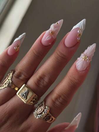 3D立体花朵海星美甲贴片，粉色，白色法式美甲贴片，杏仁形，10片装，可重复使用，DIY美甲设计，女士美甲用品，美甲配件