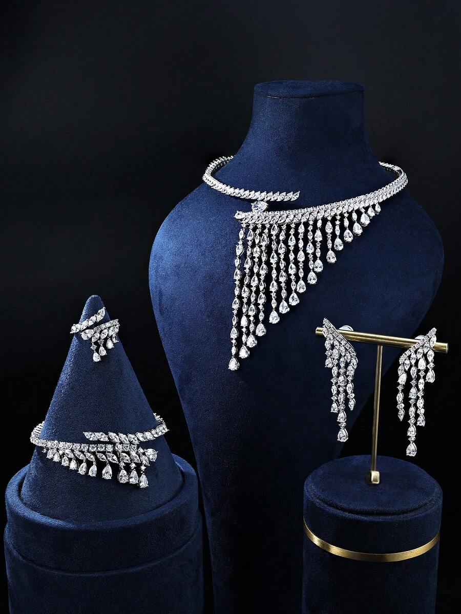 4pcs Platinum Plated Cubic Zirconia Stone Teardrop Pendant Necklace, Earrings, Bracelet And Open Ring Set, Luxury Jewelry For Women Wedding And Party - Platinum Irregular Stone 4-piece Set - View 1