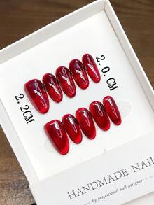 Pure Handmade Wearable Nails With Short Oval Nail Shape, Hand-Painted Red Cat Eye Nails, High-Quality Simple Design Nails, Full Coverage Fake Nails, Y2K Nails, Unique And Niche Creative Fake Nails, Daily Nails, Cute Modern Style Nails, Daily Use, Detachable Wear And Reusable. - Multicolor - View 5