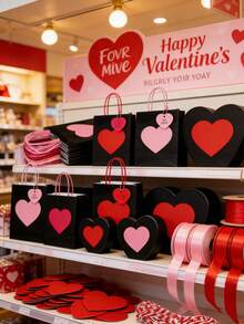 24/12/6/3pcs Valentine's Day Kraft Paper Gift Bags With Red Heart Tags, Heart-Shaped Valentine's Gift Bags, Black And Pink Design, Red And Pink Paper Party Bags With Handles, Anniversary Surprise Gift Bags, Foldable Shopping Bags And Valentine's Party Bags, Holiday Decorations, Shopping Bags, Romantic Occasion Gift Bags, Wedding Party Gift Bags, Handmade Tote Bags For Mother's Day, Valentine's Day, Birthday And Love Occasions - Multicolor - View 3