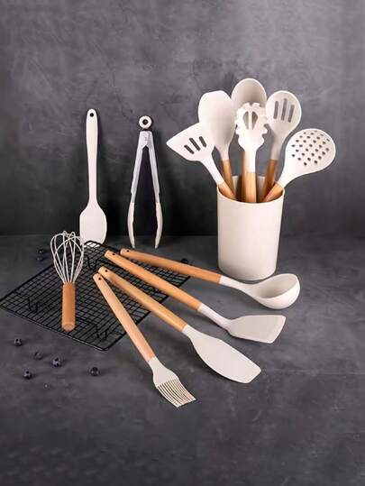 12pcs Silicone Cooking Utensil Set | Heat Resistant Non-Stick With Wooden Handles, Including Spatula, Turner, Spoon, Tongs, Whisk, Silicone Kitchen Utensils, Non-Stick Cookware With Wooden Handles, Kitchen Tools Include Cooking Utensils, Baking Supplies And Hanging Hook Storage, 12pcs Silicone Kitchen Utensil Set (With Storage Bucket)