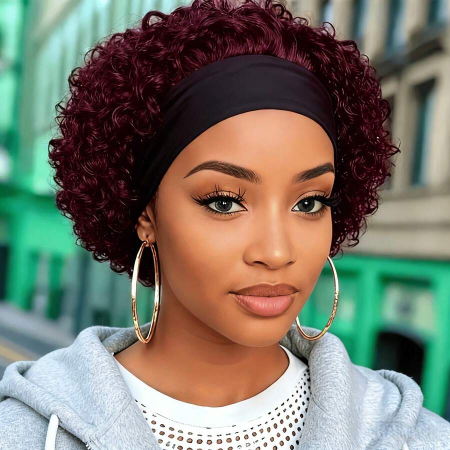 Women Wig With Headband | Natural 1B, 99J,150% Density, Curly Human Hair, Easy To Style For Everyday, Parties - Multicolor - View 1