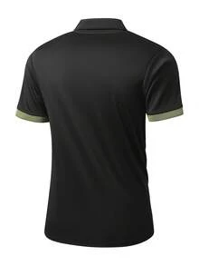 男士拼色四分之一鈕扣 Polo 衫，休閒週末 T-shirt，經典版型夏季運動上衣 - 黑色 - 查看 8