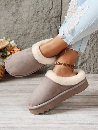 Pantuflas de moda casual de unicolor para mujer, con forro térmico cálido, suaves y cómodas, aptas para uso en exteriores e interiores, con suela gruesa y forro de felpa larga y cálido, para otoño/invierno