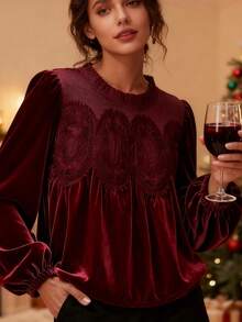 Velvet Trim Lace Blouse Women Long Sleeve Elegant Swing Top Flared Hem Round Neck Casual Blouse Tunic - 中紫紅色 - 查看 4