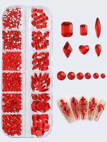 12 Rejillas Cristales de Rhinestones 3D de fondo plano, Kit de Cristales de Vidrio AB DIY para Joyería, Ropa, Decoración de Uñas, Encantos de Uñas, Gemas de Uñas, Suministros de Uñas, Accesorios de Arte de Uñas Estilo Y2K para Mujeres, Adecuado para Productos de Maquillaje y Peinado, Juegos de Uñas - Accesorios de Arte de Uñas - Decoraciones de Uñas Navideñas - Rojo - Ver 1