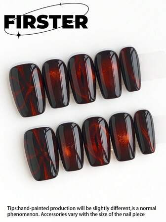 10 pièces d'ongles pressés carrés faits à la main, ongles pressés moyens, fournitures pour ongles, ongles rouges, ongles simples pour tous les jours, ongles pressés d'hiver, œil de chat, kit d'ongles en gel poly, ongles acryliques pressés, produits d'art pour ongles réutilisables pour femmes et filles