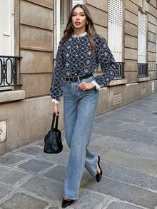 2025 Autumn And Winter French Embroidery Patchwork Lace Long-Sleeved Shirt, Fashionable And Elegant Women's Navy Blue Collar + Cuffs Splicing Lace, Single-Breasted Button Exquisite Shirts, Elegant And Atmospheric, Versatile Commuting, Autumn And Winter Wear - Dark Wash - View 5