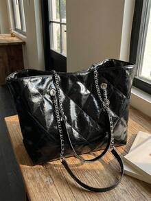 Rhombus Design Large Capacity Tote Bag, Minimalist Versatile Bucket Bag, New Shoulder Bag - Black - View 5