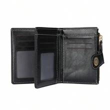 Cartera de cuero aceitado para mujeres, cartera corta retro, monedero multifuncional hueco, clip para dinero - Azul - Ver 6