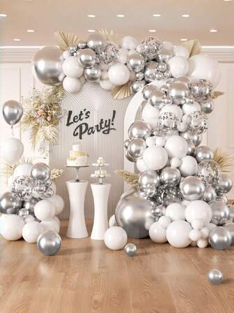 Wedding Season 71/135pcs White And Silver Latex Balloons, Suitable For Bridal Showers, Birthday Parties, Anniversaries, Graduations, Carnivals, Mother's Day Parties, Home Decor, Room Backdrops, And Party Decorations.