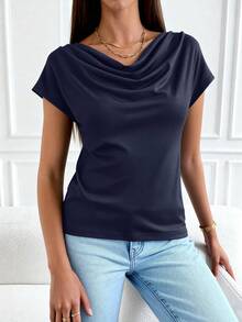 PRETTYGARDEN Women's Summer Clothes Tops Dressy Casual Clothing Cowl Neck Short Sleeve Blouses Business Work Office Shirts  Tops For Women - 海軍藍色 - 查看 4