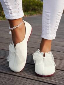 Women's Casual Solid Color Soft-Sole Round Toe Ballerina Flats With Bow Decoration, Fashion Slip-On Loafers - 白色 - 查看 3