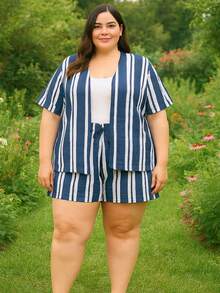 Plus Kimono And Printed Crepe Shorts Set - Xanh và trắng - Xem 2