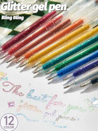 12 Colors Metallic Glitter Gel Pens, Shiny Glitter Gel Ink Pens For Coloring And Note-Taking; Adult Glitter Pens; Adult Colored Gel Pens; Adult Coloring Books And Gel Pens For Painting; Back To School Gift