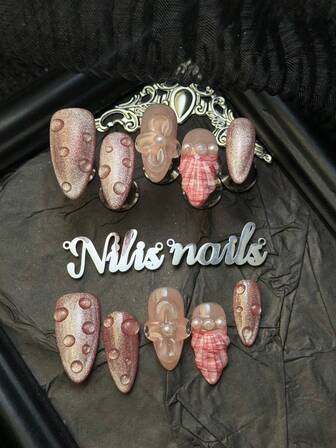 10pcs/Set Handmade Almond Y2K Baddie Style Press On Nails, Rose Red Cat's Eye Nails, Naked&Red French Tip, 3D Stereoscopic Water Beads Tie Dye Press On Nails Handmade Carving Flowers&3D Matching Diamond Bow&Pearls Nails Full Cover False Nails For Womenhnlged Occasions Daily Wear Great Gift ForWomen And Girls,With 1 Jelly Pad And 1 Nail File