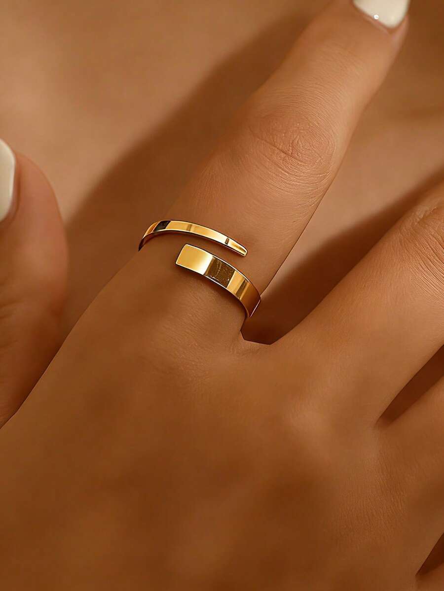 MONALLY 18K Gold Plated Stainless Steel Adjustable Open Ring, Minimalist Fashion Stackable Design, Hypoallergenic & Delicate For Daily Wear - Yellow Gold - View 1