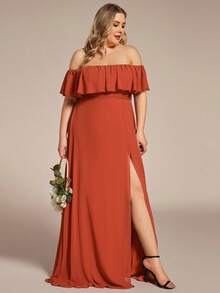EVERPRETTY Plus Size High Slit Orange Off-Shoulder Elegant Bridesmaid Dress, Suitable For Spring/Summer Weddings, Parties And Valentine's Day Formal Occasions Party - Burnt Orange - View 4