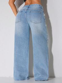 低腰阔腿休闲蓝色牛仔裤，斜插口袋，饰有串珠，春季款 - 霧霾藍 - 查看 2