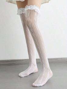 1 Pair Women's Heart Pattern Lace Thigh High Stockings Ruffle Trim Bowknot Over Knee High Socks - 白色 - 查看 6