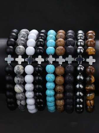diffone Pulsera de piedras naturales hecha a mano con encantos de cruz de hematita, joyería de brazalete para hombres