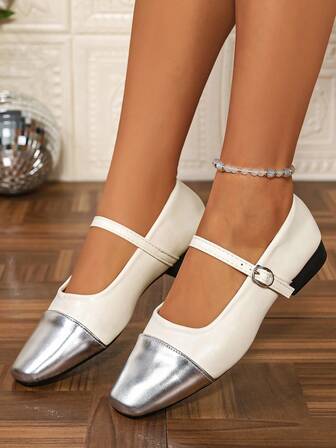 经典搭扣玛丽珍女鞋，春夏新款百搭套脚乐福鞋，法式复古撞色芭蕾舞鞋