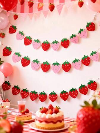 1/3pcs Pre-Strung Felt Red & Pink Strawberry Garland, Ready To Hang Decoration For Wedding, Engagement, Bachelorette, Birthday Party