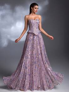 AMILUCK New Elegant Luxury Heavily Sequined & Beaded Lace Strapless Mermaid Hem Layered Ruffle Maxi Dress, Suitable For Formal Evening Gala, Party, Red Carpet, Wedding Guest Spring - Dusty Pink - View 6