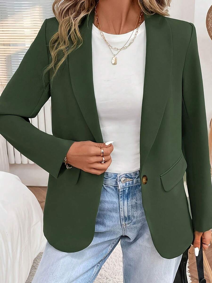 Women's Blazer - Solid Color, Single Button, With Pockets, Raglan Sleeves, Long Sleeves, All-Season Office/Business Casual Style, Versatile Women's Cardigan. - màu xanh lá - Xem 1