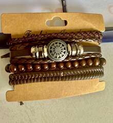 Men's Braided Brown Leather Bracelet Kit - Cà phê nâu - Xem 3