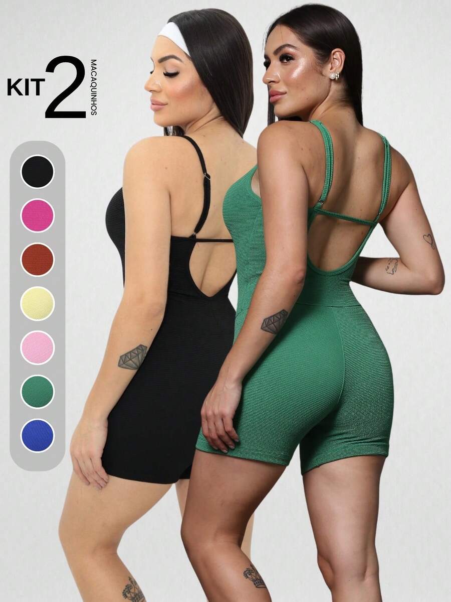 Set Of 2 Ribbed Jumpsuits With Straps For Women's Gym And Sportswear - Fitness - Green - View 1