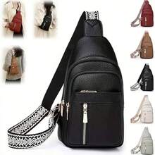 Black The New Fashion Classic Solid Color Pu Waterproof Fabric With Multi-Pocket Pattern Woven Shoulder Straps And Diagonal Shoulder Chest Bags Is Suitable For Shopping. - 黑色 - 查看 3