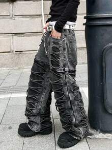 1 pezzo Jeans larghi stile di strada americano uomo, stile casual e comodo, moda casual di alta strada, versatile per tutte le stagioni (cintura e accessori non inclusi) - nero - Visualizzare 1