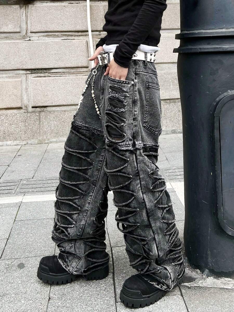 1 pezzo Jeans larghi stile di strada americano uomo, stile casual e comodo, moda casual di alta strada, versatile per tutte le stagioni (cintura e accessori non inclusi) - nero - Visualizzare 1