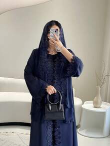 女士睡袍套装，开襟睡袍配雪纺围巾 - 轻盈、优雅、透气，适合春夏穿着，纯色优雅派对礼服 - 藏蓝色 - 查看 5