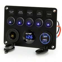 5 Gang 12V Multi Function Rocker Switch Panel, Backlit Dual USB Charger With Digital Voltmeter, Pre-Wired Switch Panel With Inline Fuse For RV Truck Car Marine Boats, Without Battery - Blue - View 2